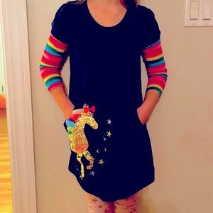 Navy dress with rainbow sleeves and sequined unicorn. Great condition.